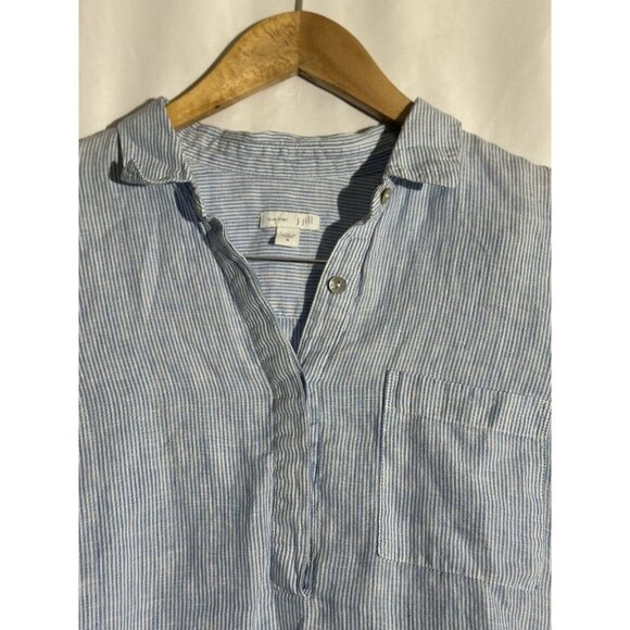 J. Jill Love Linen Blue White Stripe 100% Linen Partial Button Popover Blouse M - Picture 8 of 9